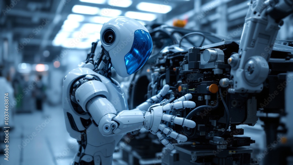 AI robots are manufacturing cars in a modern technological automobile factory. AI robots are manufacturing cars in a modern technological automobile factory.