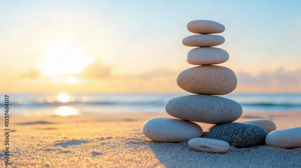 Serene Stacked Stones on Sandy Beach at Sunset Serene Stacked Stones on Sandy Beach at Sunset