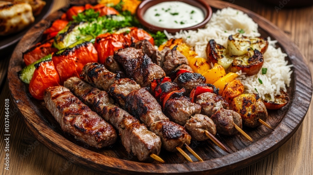 A mouthwatering platter of Turkish kebabs, featuring skewers of succulent lamb, chicken A mouthwatering platter of Turkish kebabs, featuring skewers of succulent lamb, chicken