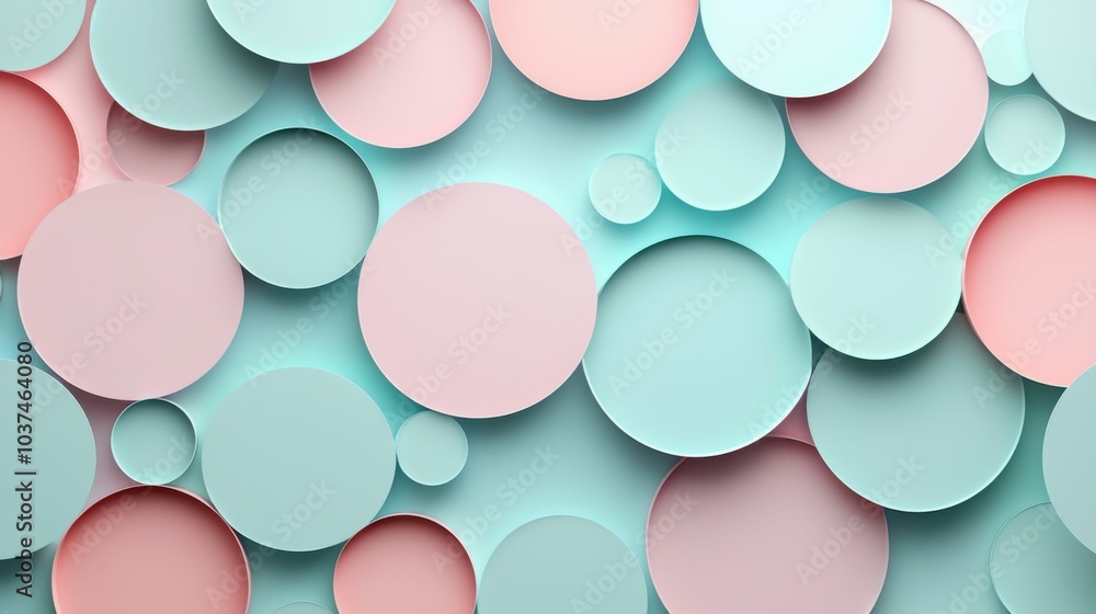 A modern abstract design featuring pastel circles in mint and pink hues against a soft background, creating a calming, playful visual experience.