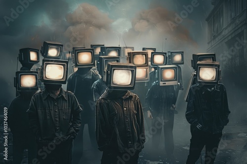 Contemporary art collage. Group of people with retro tv heads standing like zombie. Blind following, disinformation. Concept of censorship, mass media influence, information