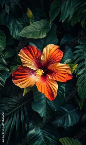 Wallpaper Mural Orange flower with green leaves. Torontodigital.ca