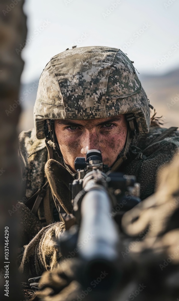 Fototapeta premium A soldier aims a rifle with intensity.