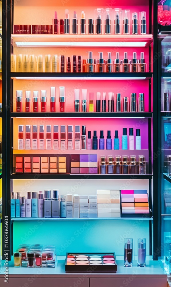 Cosmetics and makeup displayed on shelves. Cosmetics and makeup displayed on shelves.