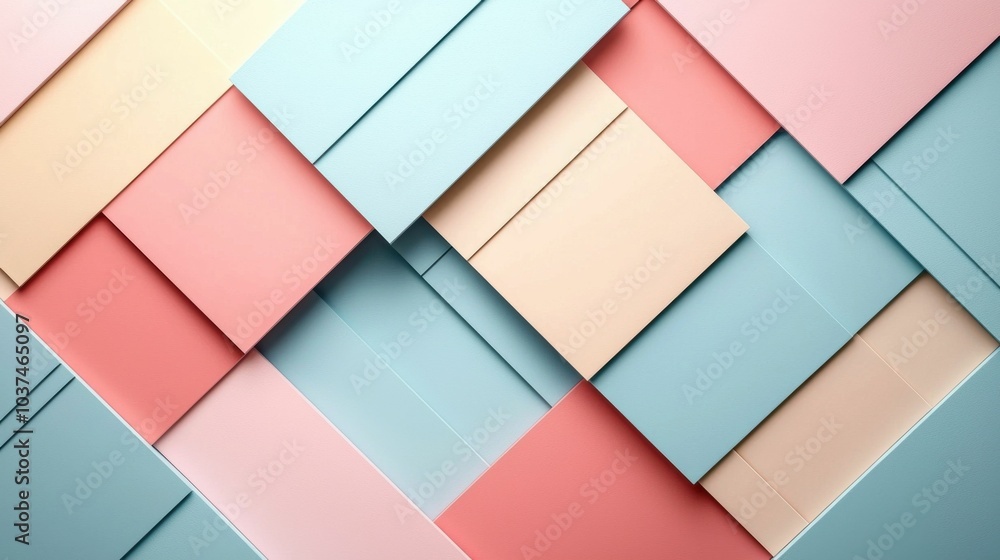 An artistic arrangement of pastel-colored paper sheets in blue, pink, and cream hues. The geometric design offers a modern aesthetic. An artistic arrangement of pastel-colored paper sheets in blue, pink, and cream hues. The geometric design offers a modern aesthetic.