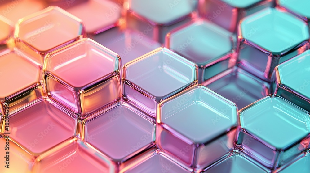 A modern and abstract arrangement of hexagonal shapes featuring a blend of colors in a glossy finish. The image offers a captivating geometric display. A modern and abstract arrangement of hexagonal shapes featuring a blend of colors in a glossy finish. The image offers a captivating geometric display.