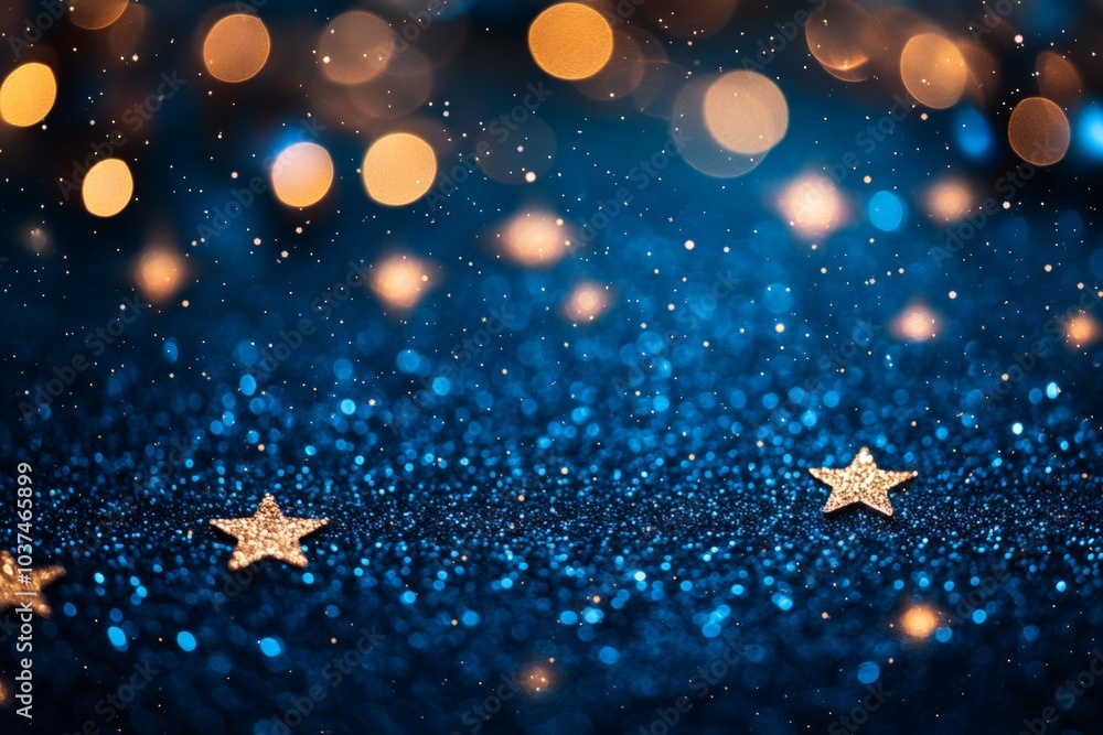 Obraz premium Magic blue holiday abstract glitter background with blinking stars and falling snowflakes. Blurred bokeh of Christmas lights