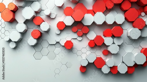 An abstract arrangement of hexagonal shapes in shades of red and white, creating a modern and dynamic visual display with a subtle texture.