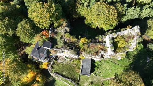 Aerial drone view of Bakowiec Knights' Castle. Eagles' Nests Trail. Autumn panorama of Ruins of Bakowiec Castle in Morsko, Poland. Castle ruins in the background autumn forest. Ruins of castle Morsko. photo