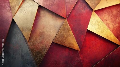 A beautiful close-up of abstract geometric shapes composed of gold, black, and red textures, creating a modern artistic display.