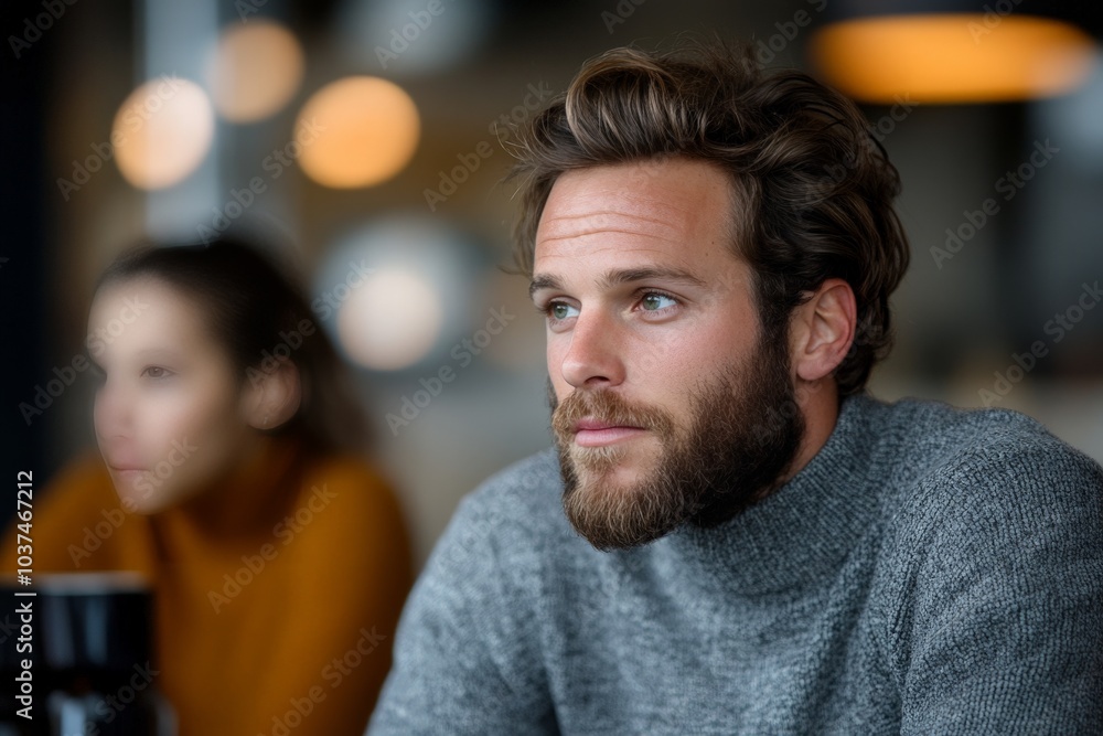 A man with a beard, wearing a gray sweater, sits thoughtfully while another blurred figure appears in the background, creating an atmosphere of contemplation. A man with a beard, wearing a gray sweater, sits thoughtfully while another blurred figure appears in the background, creating an atmosphere of contemplation.