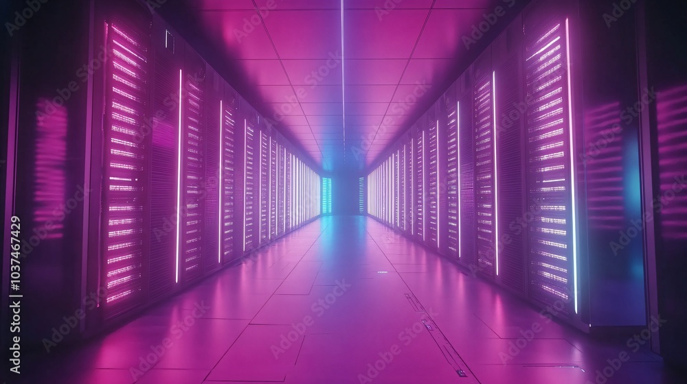 A long corridor with rows of metal server racks illuminated by pink and blue neon lights. A long corridor with rows of metal server racks illuminated by pink and blue neon lights.