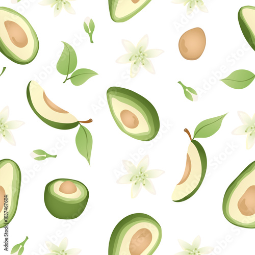 Seamless pattern with hand drawn green  avocado halves. Fresh organic vegetable, healthy, vegan, raw food.