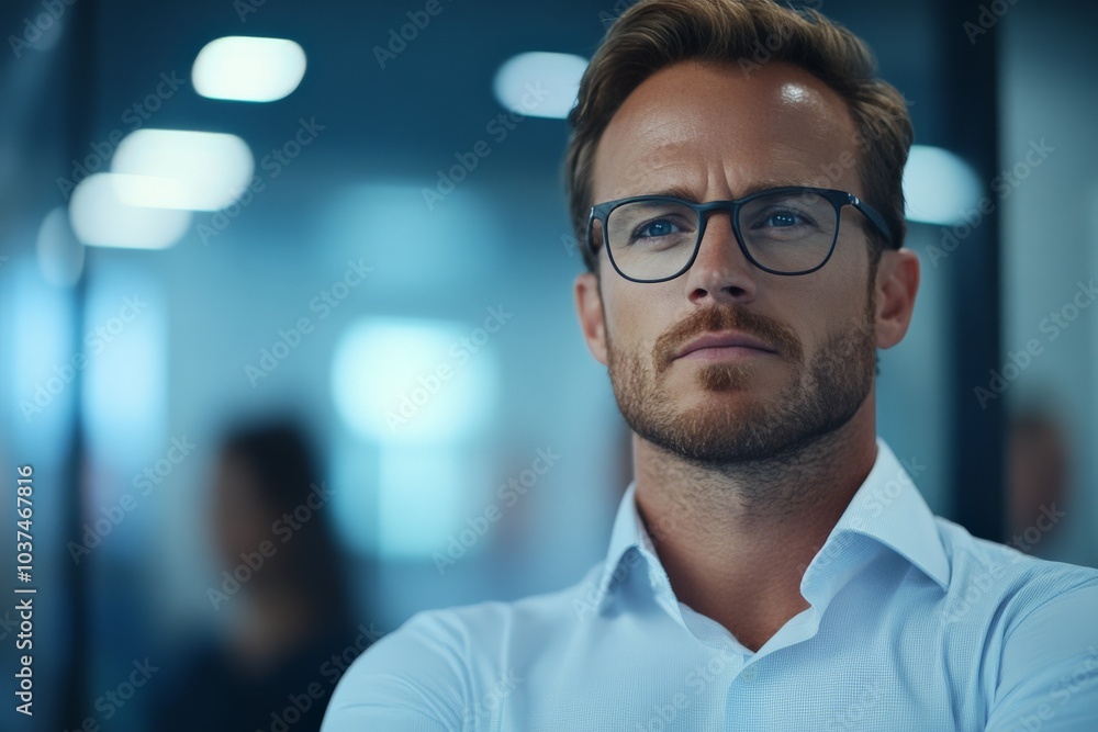 A focused businessman with glasses adopts a contemplative stance in a sleek office setting, conveying a sense of strategy, critical thinking, and preparedness. A focused businessman with glasses adopts a contemplative stance in a sleek office setting, conveying a sense of strategy, critical thinking, and preparedness.
