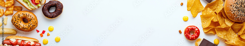 Fototapeta premium A white background with fast food items on the left and right sides, leaving space in between for text or graphics.