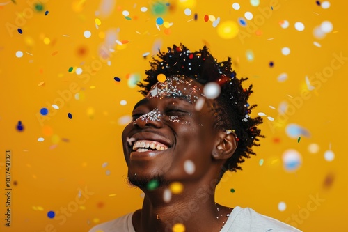 Happy african american man over yellow background with confetti falling on head