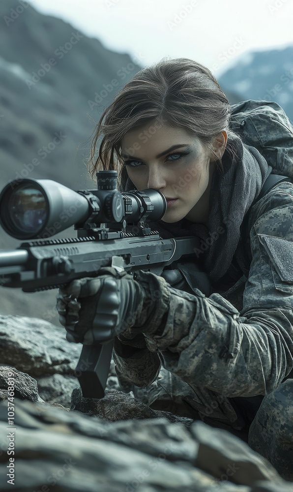 Fototapeta premium A woman in camouflage aims a rifle.