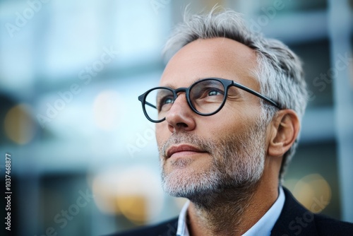 A mature man with gray hair and glasses looks confidently into the distance, standing against a blurred urban background with soft, ambient lighting.