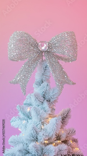 Christmas tree topper shaped like a bow, made of wire and adorned with sparkling crystal beads. The bow sits atop a frosted tree, pink background photo