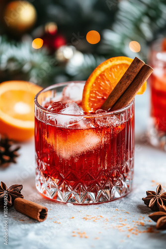 Nutcracker Negroni cocktail garnished with orange zest and a cinnamon stick