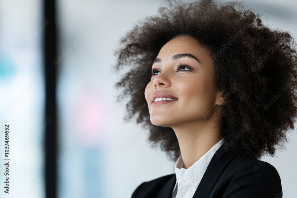 Obraz premium A professional woman with an afro hairstyle gazes upwards, embodying optimism and ambition in a sleek business setting. Her expression radiates hope and success.