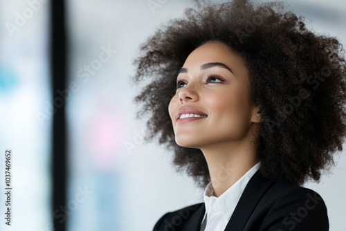 A professional woman with an afro hairstyle gazes upwards, embodying optimism and ambition in a sleek business setting. Her expression radiates hope and success.