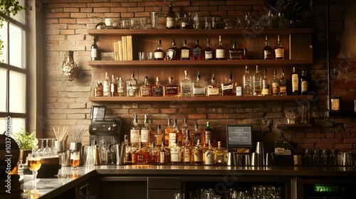 Rustic Bar with Shelves of Various Whiskey Bottles