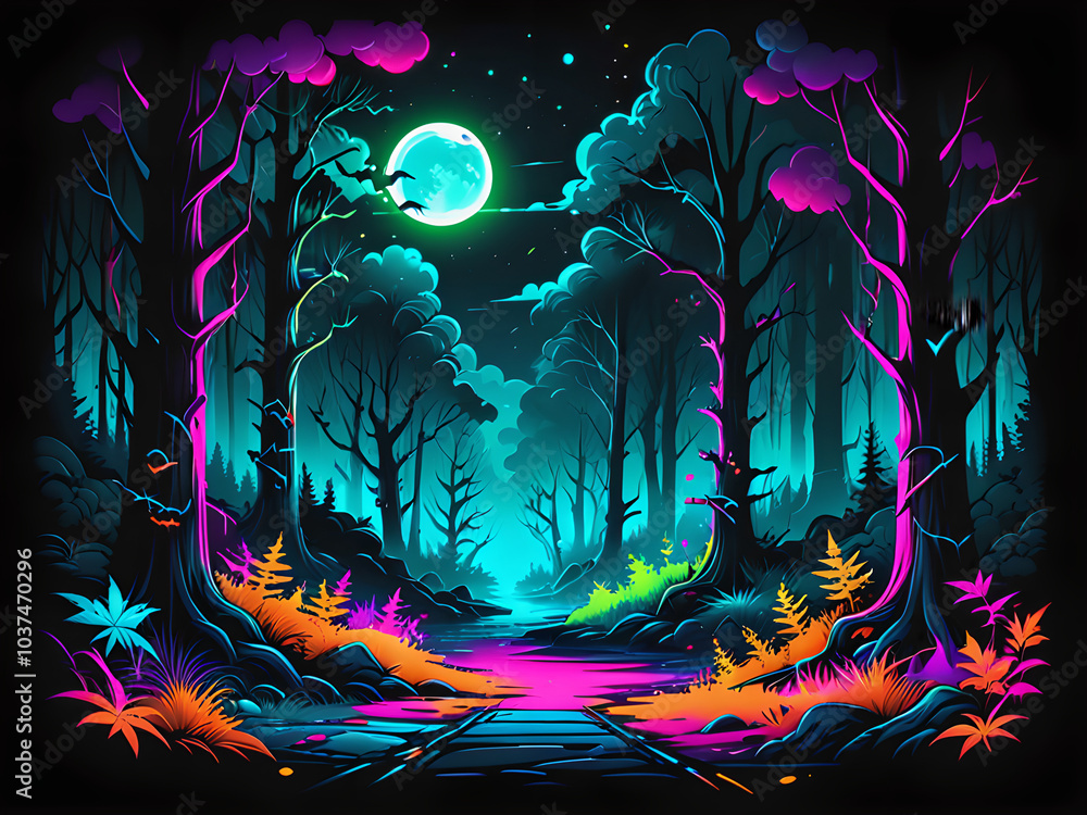 Eerie Haunted Forest: Ghostly, Mysterious, Chilling & Captivating Neon Glow T-Shirt Design Eerie Haunted Forest: Ghostly, Mysterious, Chilling & Captivating Neon Glow T-Shirt Design