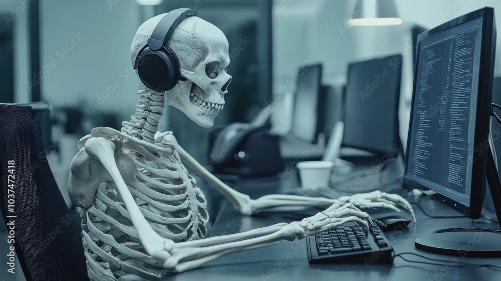 A skeleton wearing headphones works on a computer in a dimly lit office environment. A skeleton wearing headphones works on a computer in a dimly lit office environment.