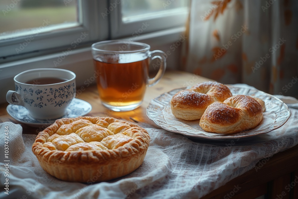 Apple pie and sweet buns resting on tablecloth by window with tea Apple pie and sweet buns resting on tablecloth by window with tea