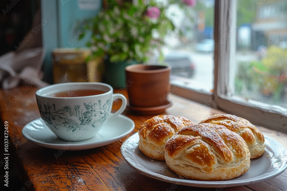 Steaming cup of herbal tea accompanying freshly baked pastries on a window sill Steaming cup of herbal tea accompanying freshly baked pastries on a window sill