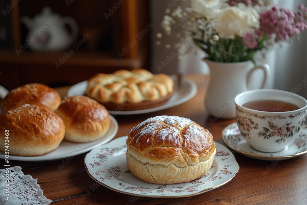 Freshly baked sweet buns coated in sugar powder on wooden board