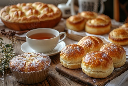 Delicious sweet homemade pastry buns being served with tea