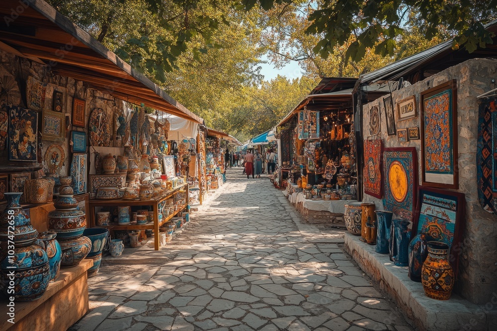 Fototapeta premium Tourists walking in outdoor market selling ceramics and souvenirs