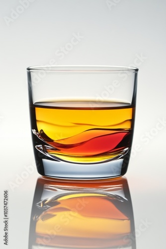 Crystal whiskey glass standing on white background with reflection