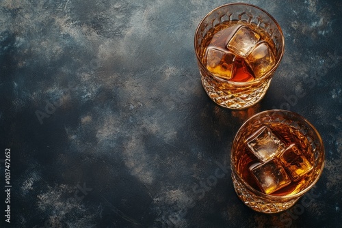 Two glasses of whiskey with ice resting on a textured dark surface. Copy space for text photo