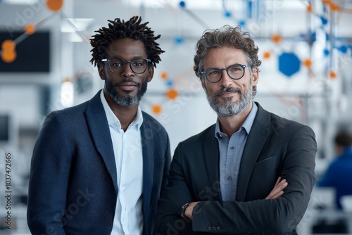 Two professional men in smart attire pose confidently in a tech-driven office environment, symbolizing leadership and innovation in a dynamic industry.