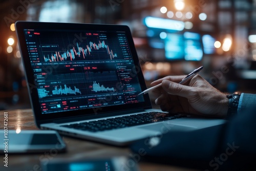 A laptop displays financial charts in a modern office, with digital stock market data highlighted on the screen, capturing a busy analytical work environment.