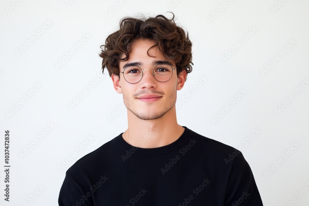 A young man with curly hair and glasses smiles calmly at the camera, with a blank light background, creating an atmosphere of openness and receptivity in modern style. A young man with curly hair and glasses smiles calmly at the camera, with a blank light background, creating an atmosphere of openness and receptivity in modern style.