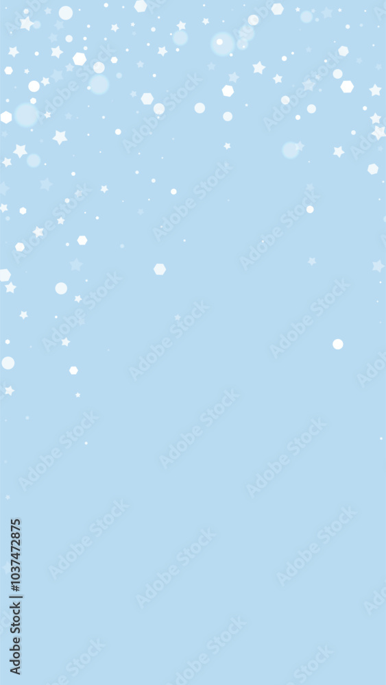 Snowfall overlay christmas background. Subtle flying snow flakes and stars on light blue winter backdrop. Festive snowfall overlay. Vertical vector illustration. Snowfall overlay christmas background. Subtle flying snow flakes and stars on light blue winter backdrop. Festive snowfall overlay. Vertical vector illustration.