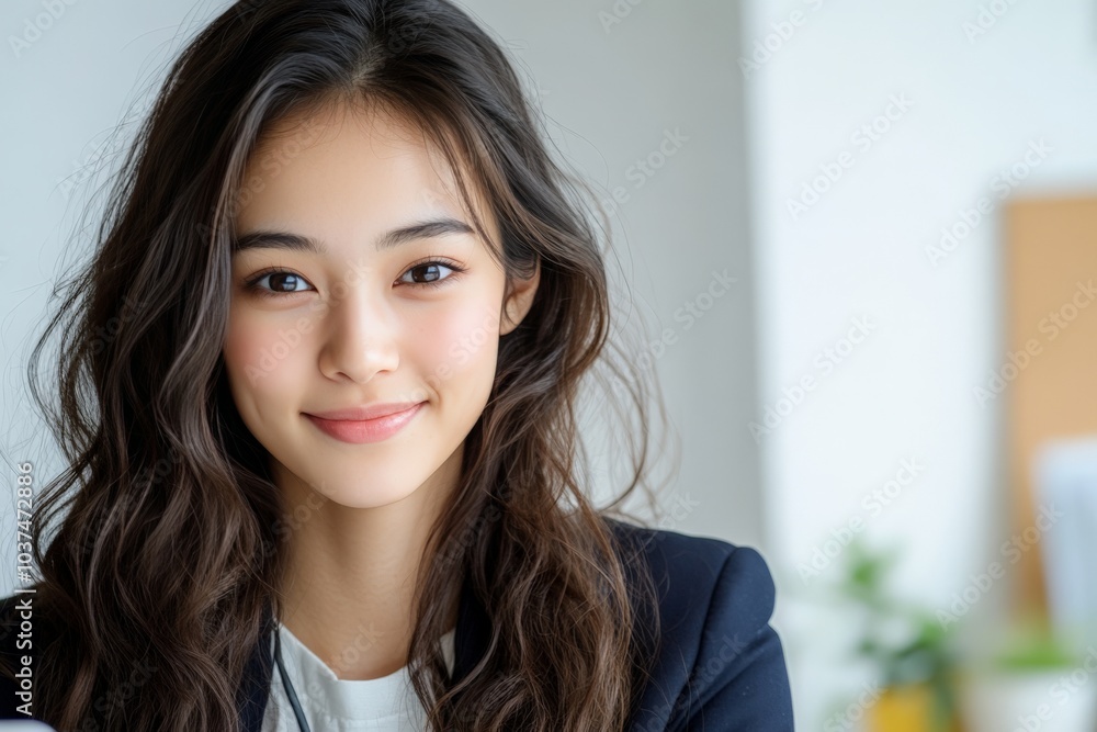A young woman with wavy hair smiles warmly, exuding a friendly and approachable vibe. The background depicts a professional setting, full of natural light. A young woman with wavy hair smiles warmly, exuding a friendly and approachable vibe. The background depicts a professional setting, full of natural light.