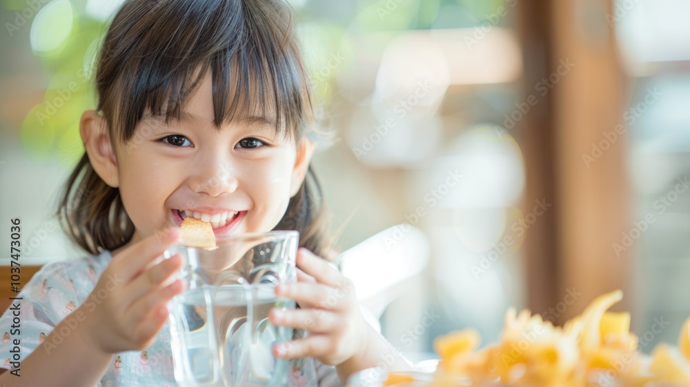 Smiling child enjoying refreshing drink with snack in bright setting Smiling child enjoying refreshing drink with snack in bright setting