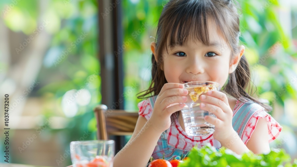 Happy child enjoying fresh water and healthy meal in bright kitchen