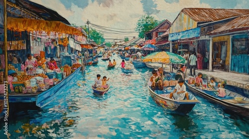 Colorful Market Scene on Waterway with Boats