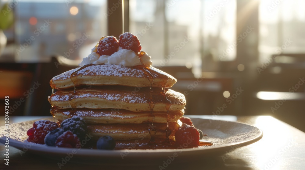Fototapeta premium A mouthwatering stack of fluffy pancakes drizzled with maple syrup and topped with a dollop of whipped cream, Pancake stack centered, Soft morning sunlight streaming through a kitchen window