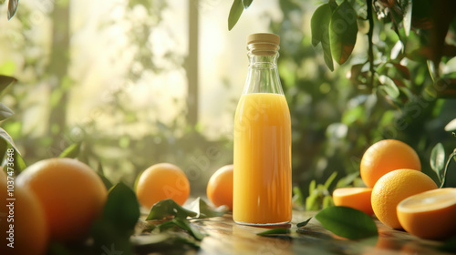 Fresh orange juice in glass bottle surrounded by ripe oranges and green leaves creates vibrant and refreshing scene. sunlight enhances natural beauty of setting