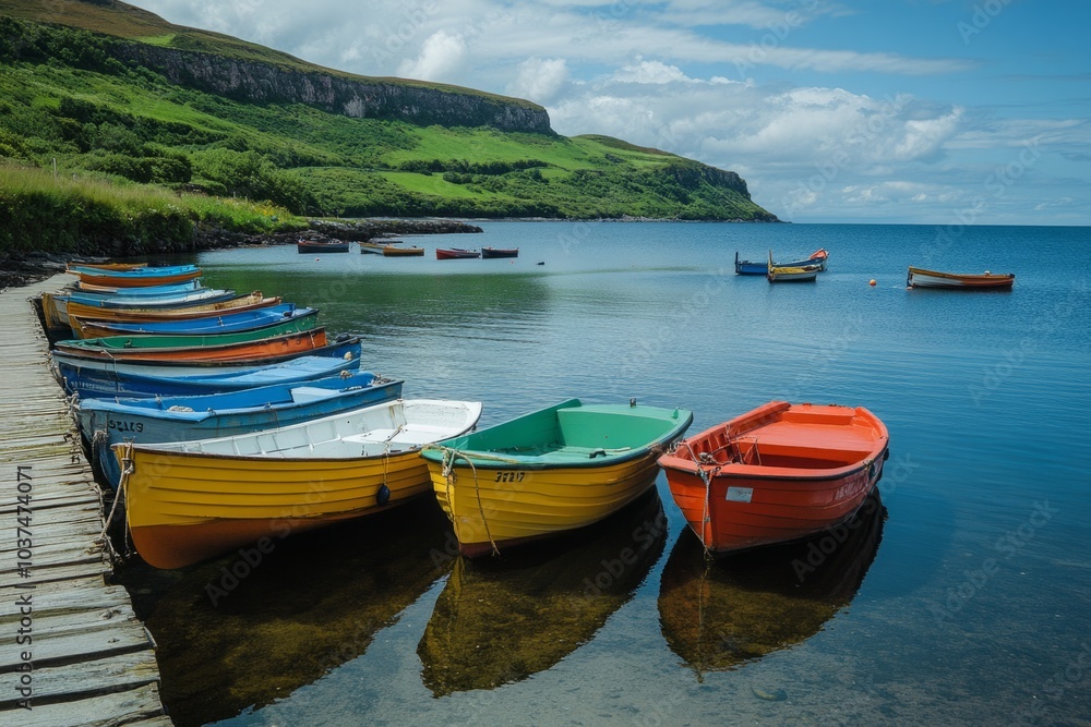 Colorful rowboats tied to a wooden dock on a lake with green hills Colorful rowboats tied to a wooden dock on a lake with green hills