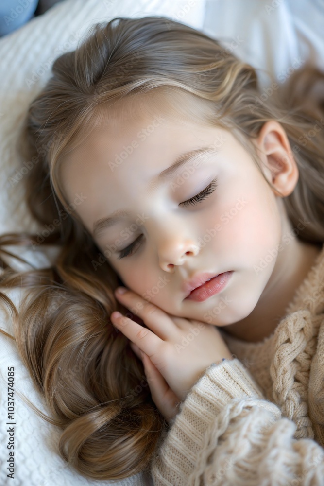A young girl rests peacefully, her soft features illuminated by gentle light, surrounded by a cozy blanket in a tranquil room. Her long hair cascades around her. Generative AI A young girl rests peacefully, her soft features illuminated by gentle light, surrounded by a cozy blanket in a tranquil room. Her long hair cascades around her. Generative AI