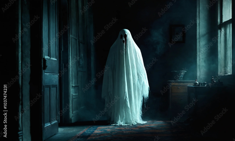 A sinister ghost in a dark room A sinister ghost in a dark room