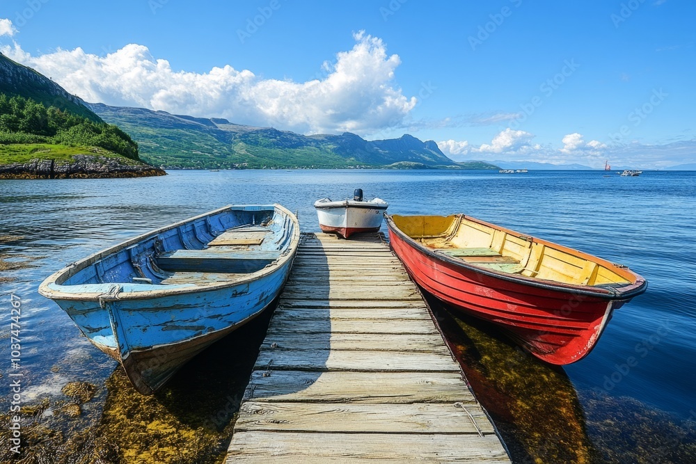 Three colorful wooden rowboats tied to a dock on a lake in summer Three colorful wooden rowboats tied to a dock on a lake in summer